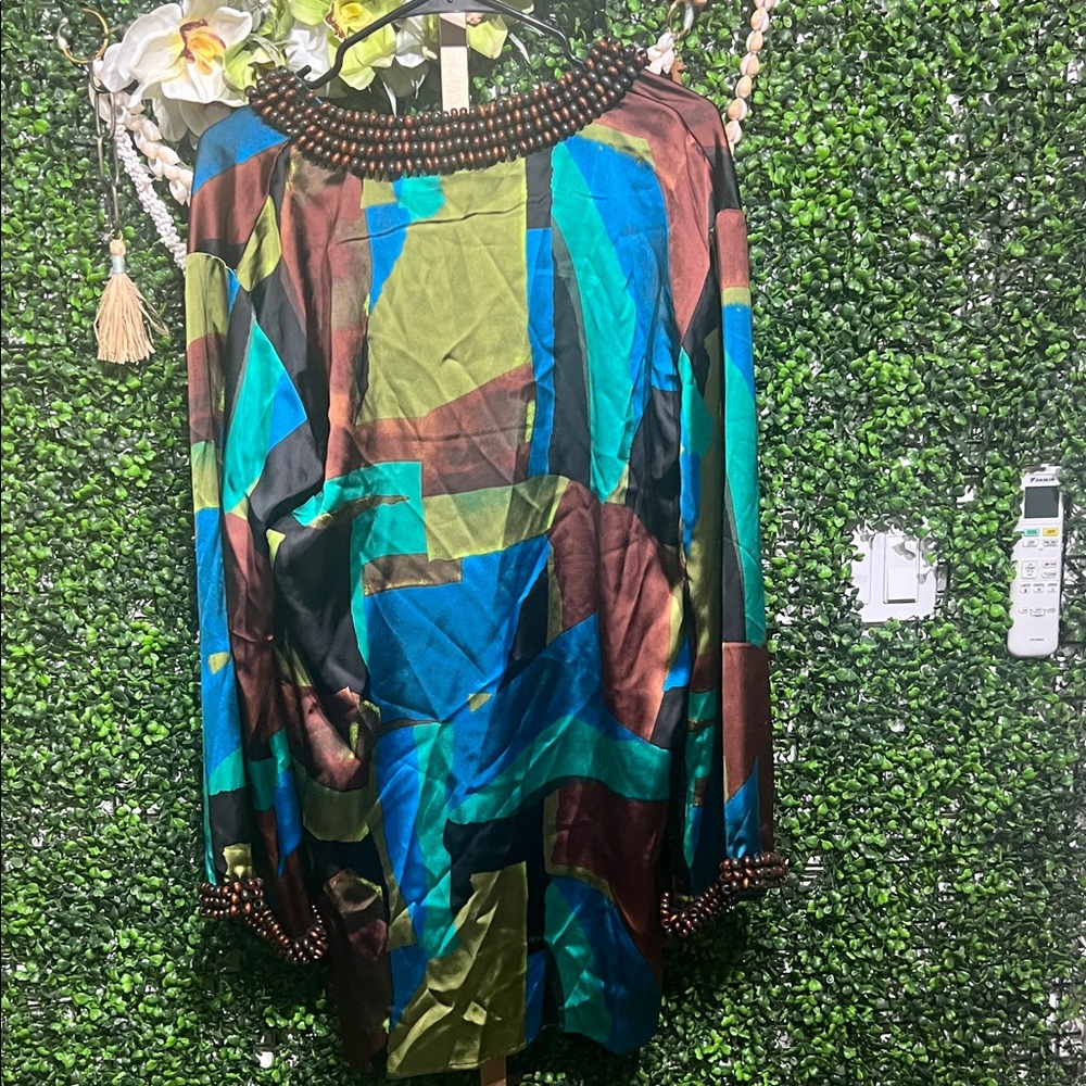 Nova Luxe Dylan Satin Kaftan Mini Dress - Blue/combo size Medium Beaded - Picture 14 of 14